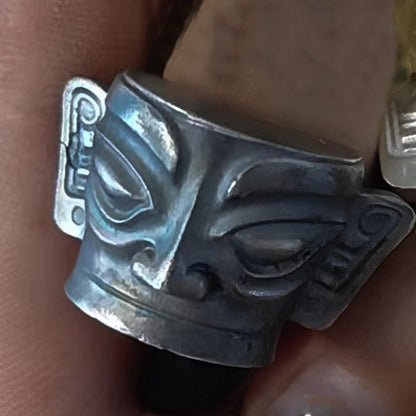 Mythstone 999 Sterling Silver Hand Casting Sanxingdui Mask Protection Ring