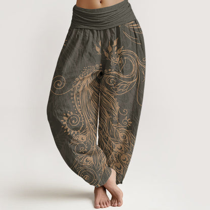 Mythstone Casual Peacock Design Women's Elastic Waist Harem Pants