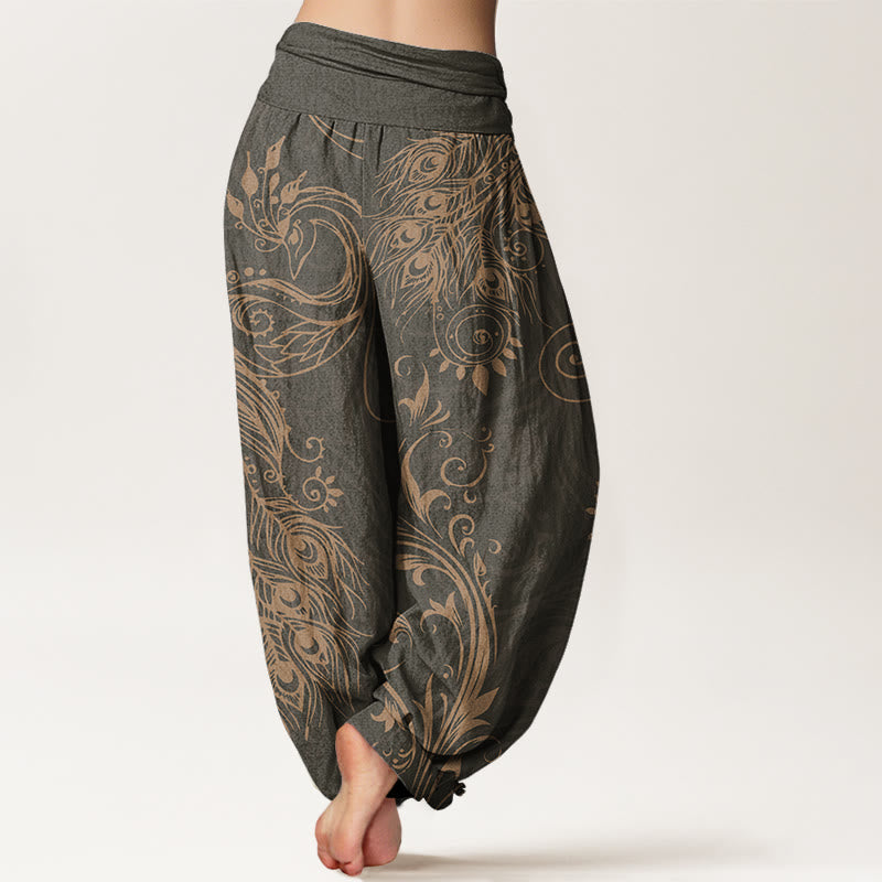 Mythstone Casual Peacock Design Women's Elastic Waist Harem Pants