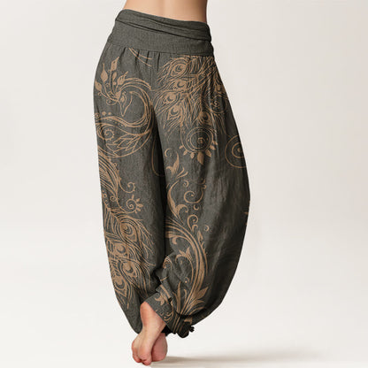 Mythstone Casual Peacock Design Women's Elastic Waist Harem Pants