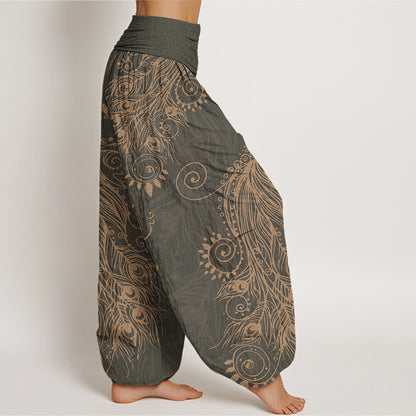 Mythstone Casual Peacock Design Women's Elastic Waist Harem Pants