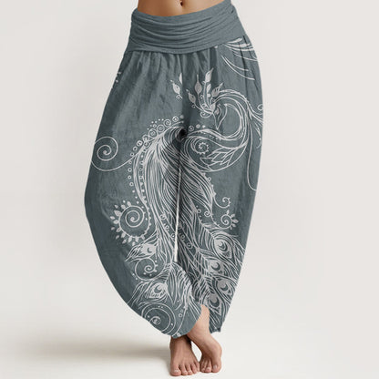 Mythstone Casual Peacock Design Women's Elastic Waist Harem Pants