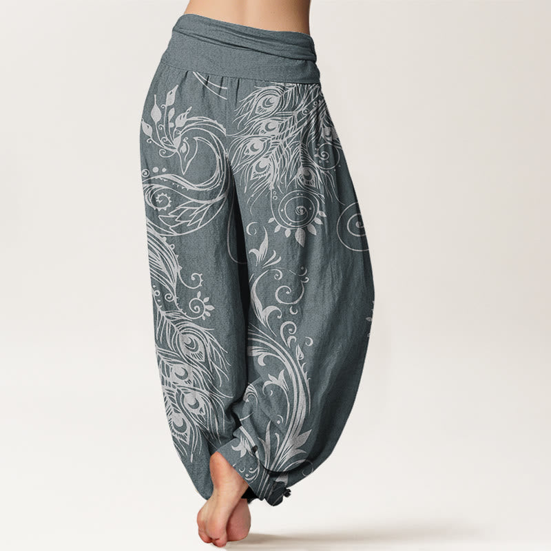 Mythstone Casual Peacock Design Women's Elastic Waist Harem Pants