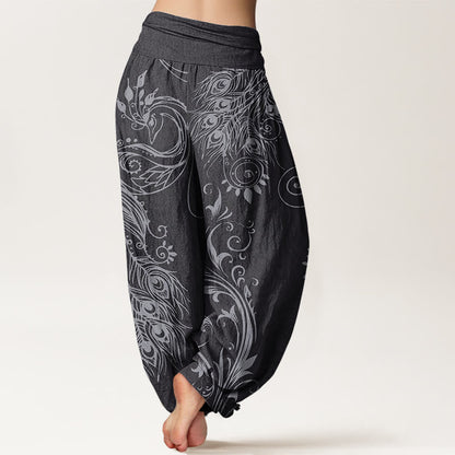 Mythstone Casual Peacock Design Women's Elastic Waist Harem Pants