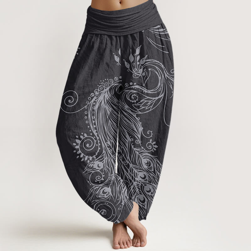 Mythstone Casual Peacock Design Women's Elastic Waist Harem Pants