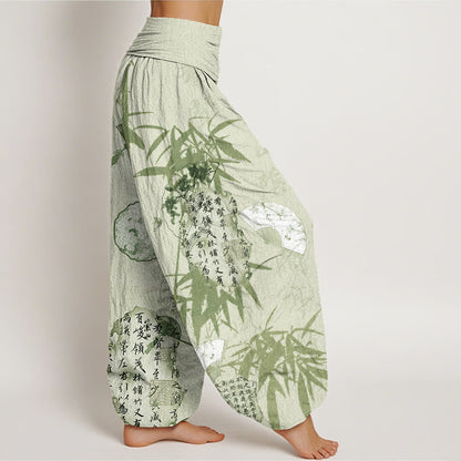 Mythstone Casual Calligraphy Bamboo Fan Women's Elastic Waist Harem Pants