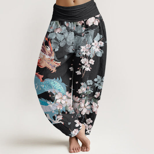 Mythstone Casual Dragon Cherry Blossoms Women's Elastic Waist Harem Pants