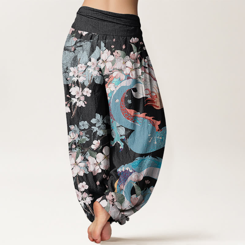 Mythstone Casual Dragon Cherry Blossoms Women's Elastic Waist Harem Pants