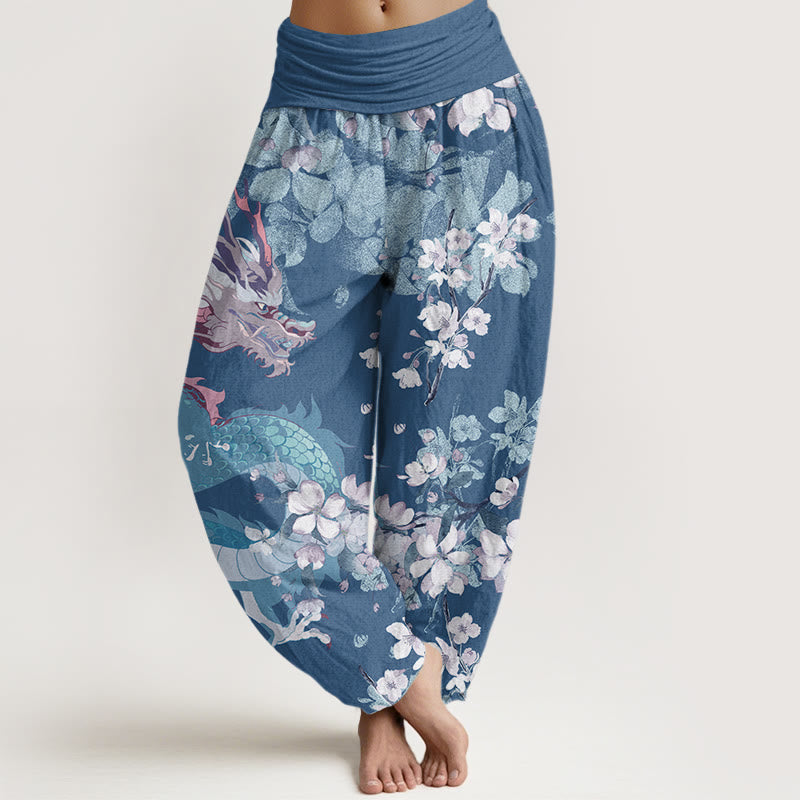 Mythstone Casual Dragon Cherry Blossoms Women's Elastic Waist Harem Pants