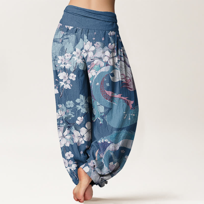 Mythstone Casual Dragon Cherry Blossoms Women's Elastic Waist Harem Pants