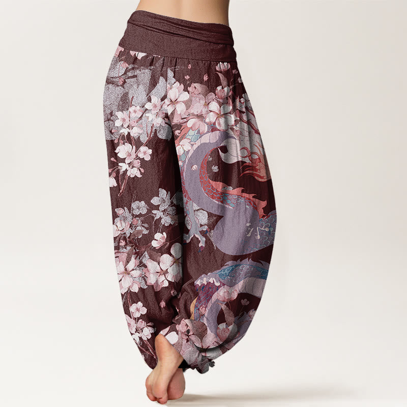 Mythstone Casual Dragon Cherry Blossoms Women's Elastic Waist Harem Pants