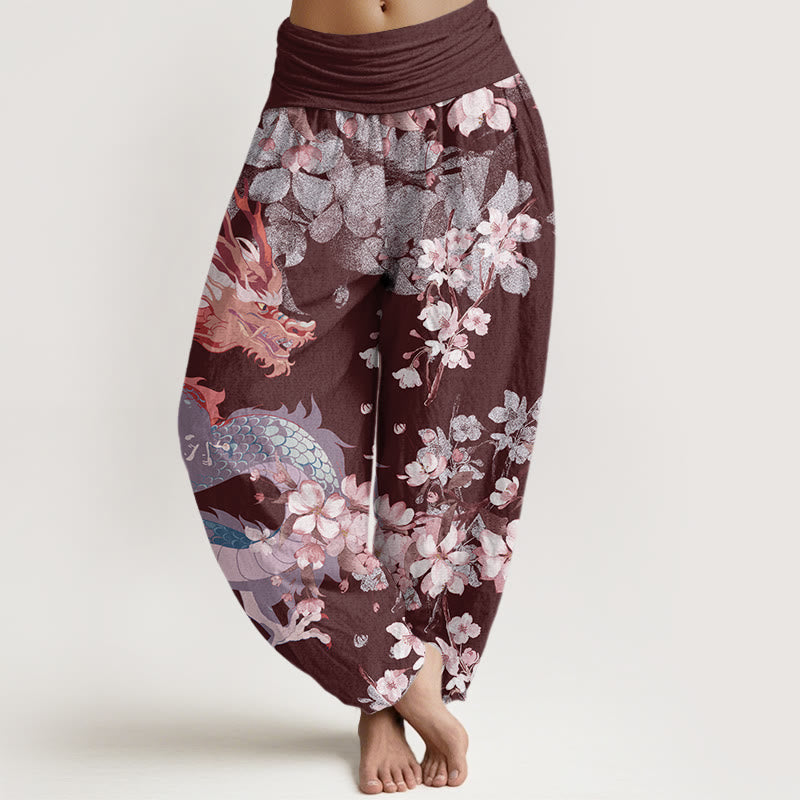 Mythstone Casual Dragon Cherry Blossoms Women's Elastic Waist Harem Pants