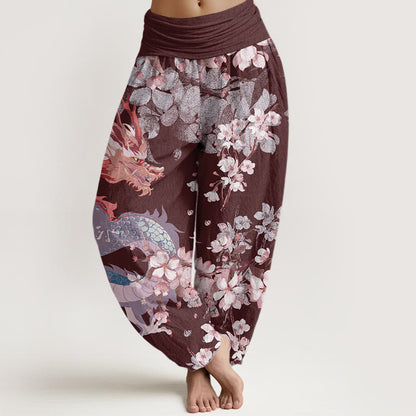 Mythstone Casual Dragon Cherry Blossoms Women's Elastic Waist Harem Pants