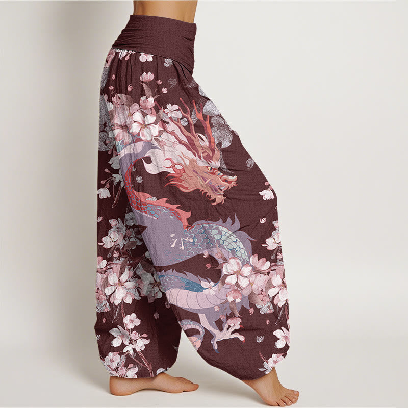 Mythstone Casual Dragon Cherry Blossoms Women's Elastic Waist Harem Pants