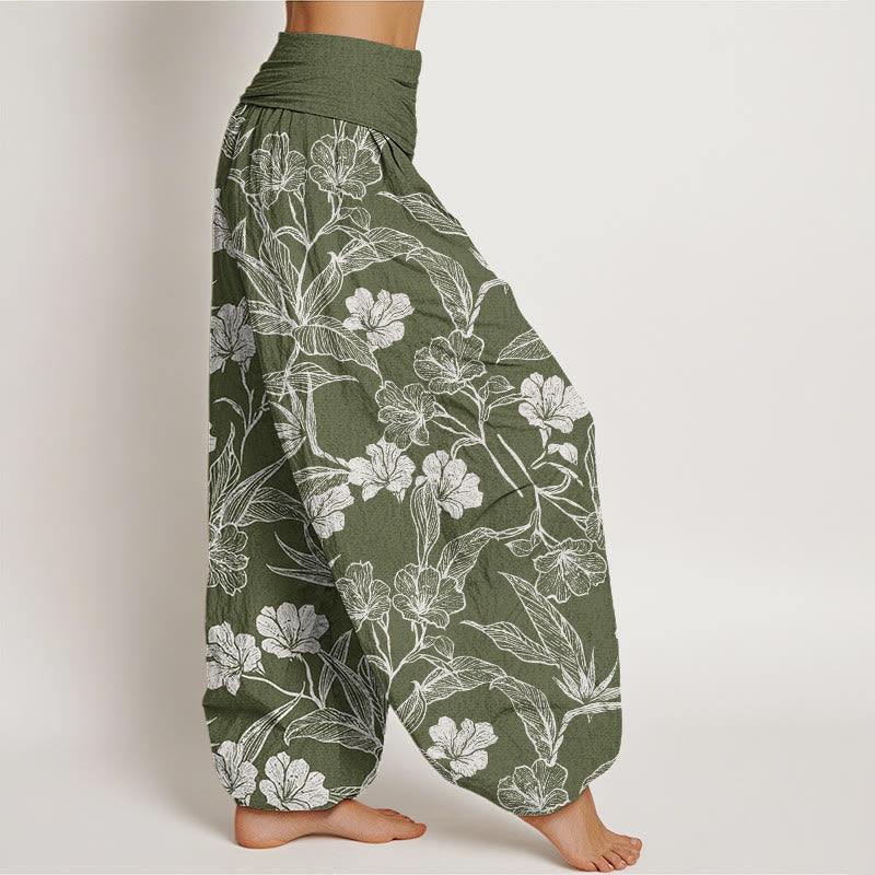 Mythstone Casual Plum Blossom Leaves Women's Elastic Waist Harem Pants