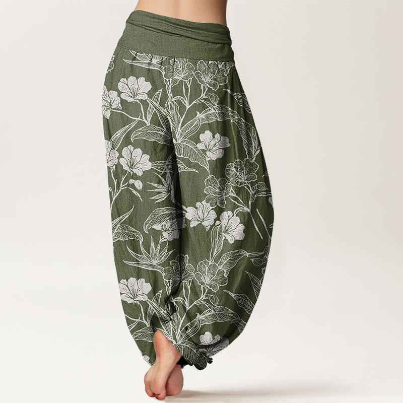 Mythstone Casual Plum Blossom Leaves Women's Elastic Waist Harem Pants