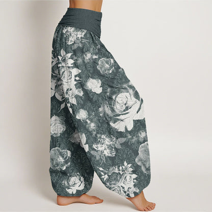 Mythstone Casual White Roses Women's Elastic Waist Harem Pants