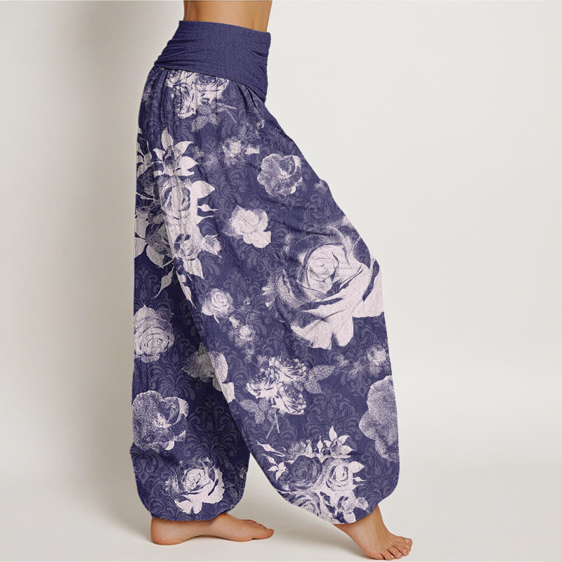 Mythstone Casual White Roses Women's Elastic Waist Harem Pants