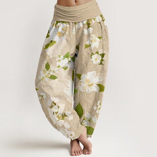 Mythstone Casual White Magnolia Flowers Leaves Women's Elastic Waist Harem Pants