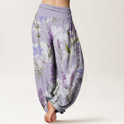 Mythstone Casual Lavender Flowers Lilies Women's Elastic Waist Harem Pants