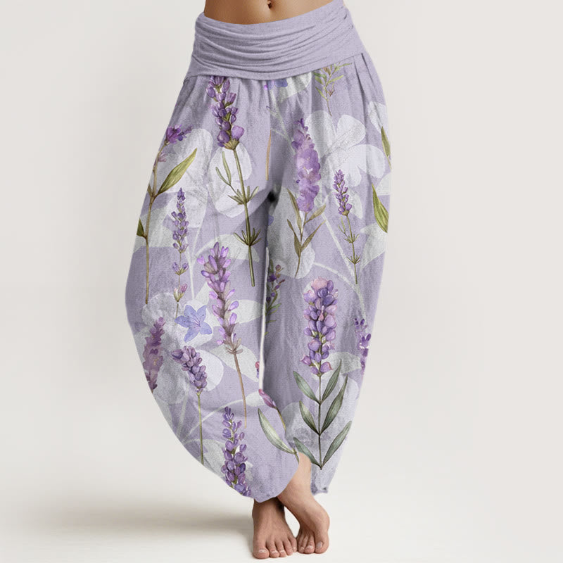 Mythstone Casual Lavender Flowers Lilies Women's Elastic Waist Harem Pants