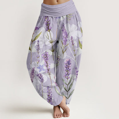 Mythstone Casual Lavender Flowers Lilies Women's Elastic Waist Harem Pants