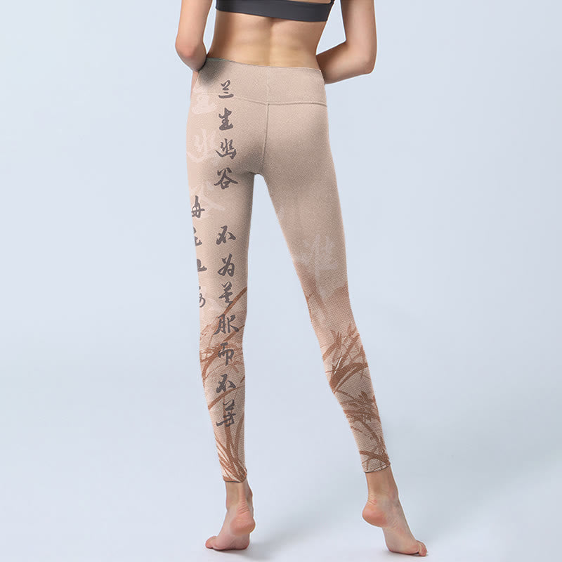 Mythstone Calligraphy Orchid Print Gym Leggings Women's Yoga Pants