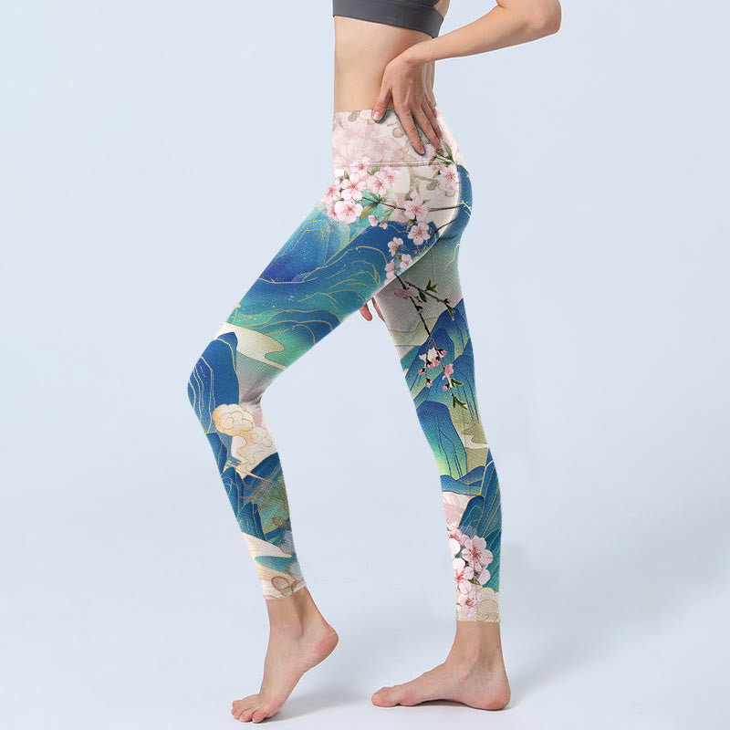 Mythstone Plum Blossoms Mountains Print Gym Leggings Women's Yoga Pants