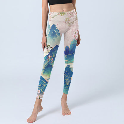 Mythstone Plum Blossoms Mountains Print Gym Leggings Women's Yoga Pants