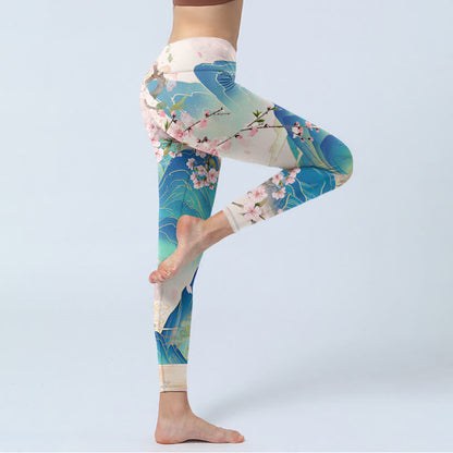 Mythstone Plum Blossoms Mountains Print Gym Leggings Women's Yoga Pants