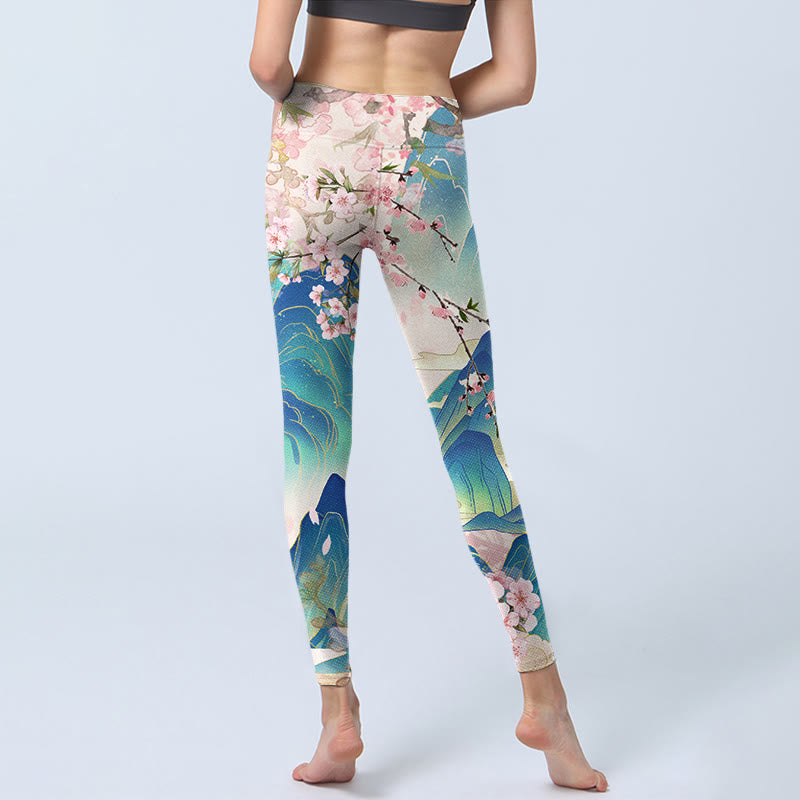 Mythstone Plum Blossoms Mountains Print Gym Leggings Women's Yoga Pants