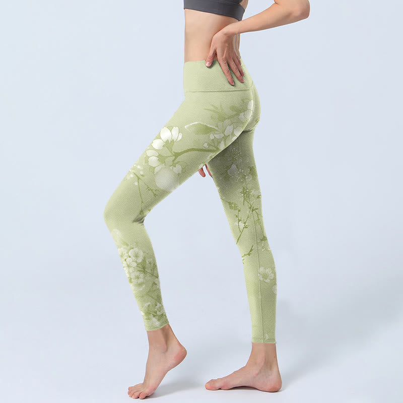 Mythstone White Plum Blossoms Print Gym Leggings Women's Yoga Pants