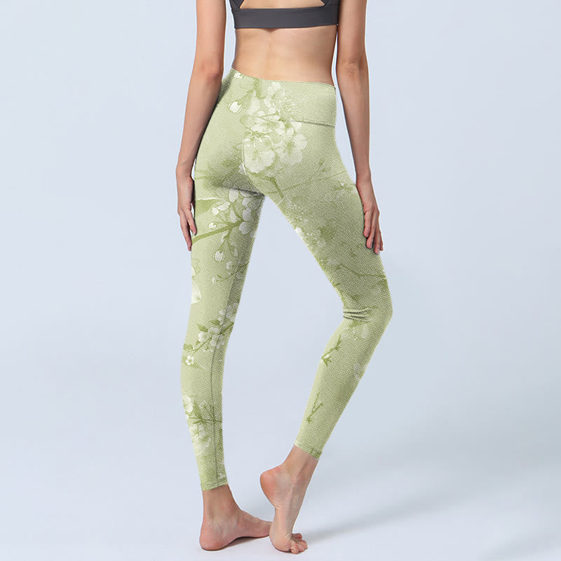 Mythstone White Plum Blossoms Print Gym Leggings Women's Yoga Pants