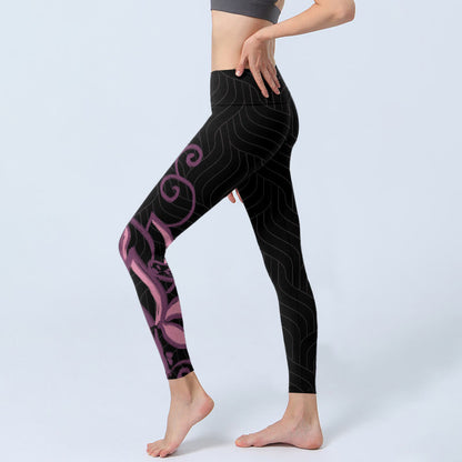 Mythstone Black Pink Lotus Flower Print Gym Leggings Women's Yoga Pants