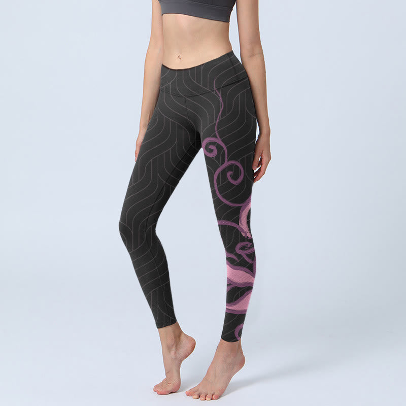 Mythstone Black Pink Lotus Flower Print Gym Leggings Women's Yoga Pants