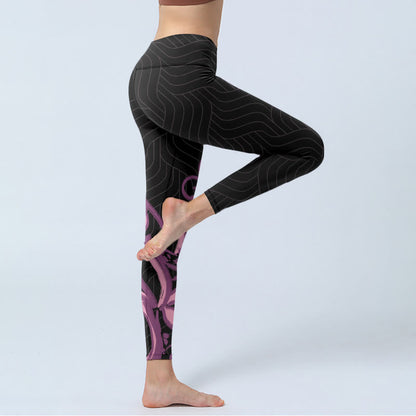 Mythstone Black Pink Lotus Flower Print Gym Leggings Women's Yoga Pants