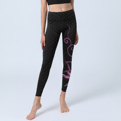 Mythstone Black Pink Lotus Flower Print Gym Leggings Women's Yoga Pants