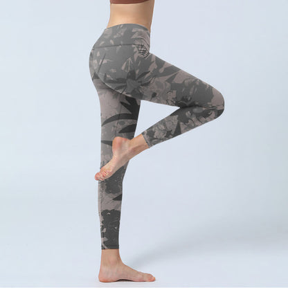 Mythstone Gray Leaves Print Gym Leggings Women's Yoga Pants