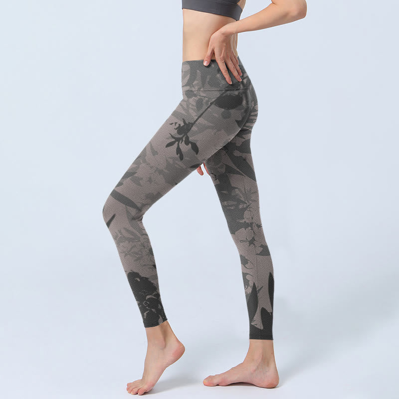 Mythstone Gray Leaves Print Gym Leggings Women's Yoga Pants