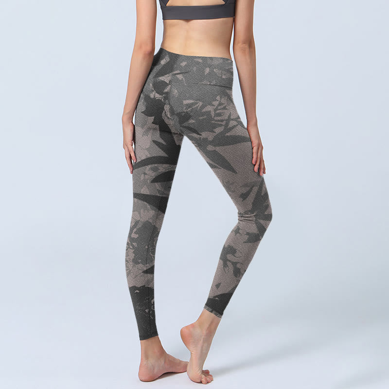 Mythstone Gray Leaves Print Gym Leggings Women's Yoga Pants