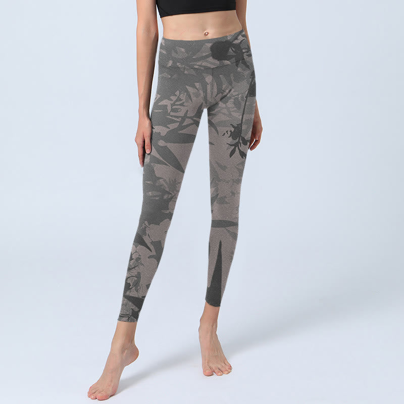 Mythstone Gray Leaves Print Gym Leggings Women's Yoga Pants