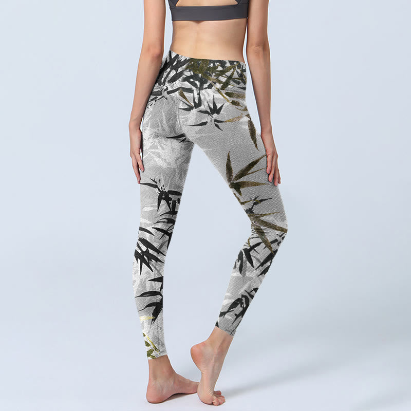 Mythstone Dark Gray Bamboo Leaves Print Gym Leggings Women's Yoga Pants