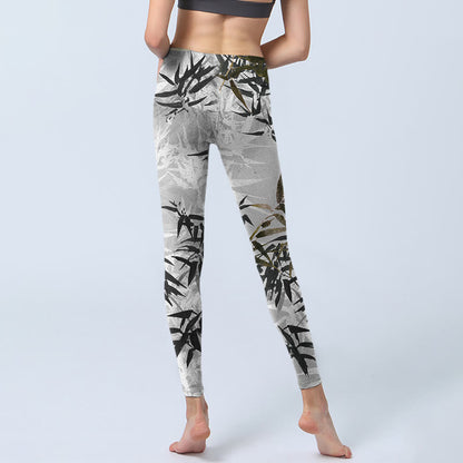 Mythstone Dark Gray Bamboo Leaves Print Gym Leggings Women's Yoga Pants