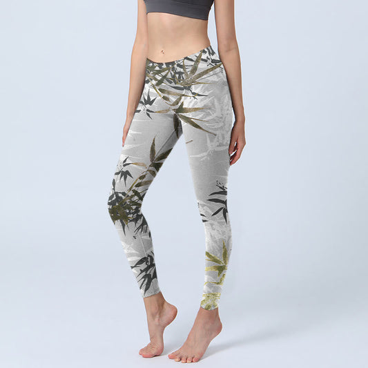 Mythstone Dark Gray Bamboo Leaves Print Gym Leggings Women's Yoga Pants