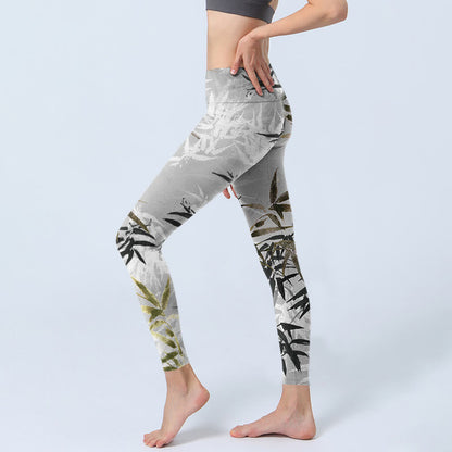 Mythstone Dark Gray Bamboo Leaves Print Gym Leggings Women's Yoga Pants