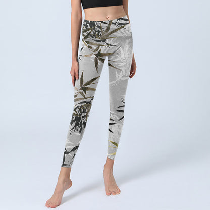 Mythstone Dark Gray Bamboo Leaves Print Gym Leggings Women's Yoga Pants