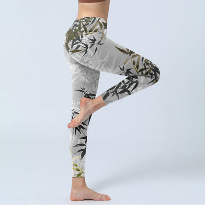 Mythstone Dark Gray Bamboo Leaves Print Gym Leggings Women's Yoga Pants