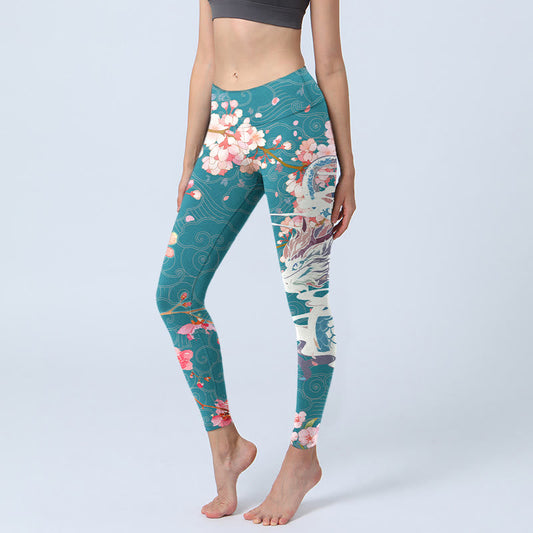 Mythstone Dragon Cherry Blossoms Print Gym Leggings Women's Yoga Pants