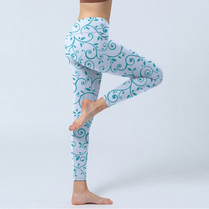 Mythstone Blue Vine Leaves Print Gym Leggings Women's Yoga Pants