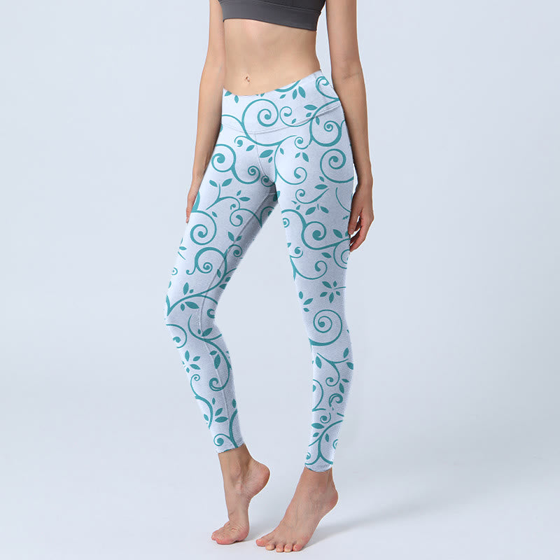 Mythstone Blue Vine Leaves Print Gym Leggings Women's Yoga Pants